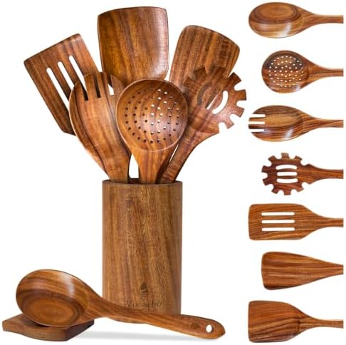 9 Pcs Teak Wooden Utensils Set, Wooden Spoons for Cooking by Vorisebo