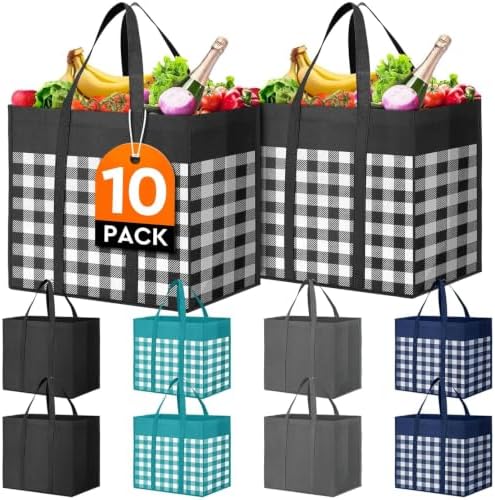 Reusable Grocery Shopping Bags 10 Pack Large Foldable Tote Bags Bulk by WiseLife