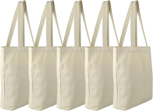Faylapa 12 Pack Canvas Tote Bags, Heavy Duty Reusable Grocery Shopping Bag 13.6"x 15.3" Blank Cotton Bags for Decorating Christmas Crafts DIY, Painting(Beige)
