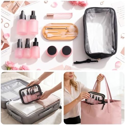 Segbeauty 8pcs Pink Travel Size Containers Set with Clear Toilet Bag, Small Travel Essentials Toiletires Skincare Containers Frosted Glass Spray Lotion Bottles, Dropper Bottle Empty Cream Jar with Lid - Image 6
