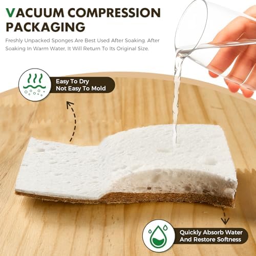 COBETE 12 Pack Natural Biodegradable Kitchen Non Scratch Sponges,Compostable Plant Based Coconut Cellulose Sponge,Eco Friendly Reusable Dish Scrubber Sponge for Pots, Pans & Household Cleaning - Image 4