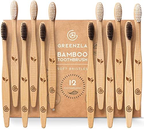 Greenzla Bamboo Toothbrushes for Adults – 12 Pack Wooden Toothbrush Set with Charcoal-Infused Soft Bristles, Natural Oral Care for Daily Use by GREENZLA