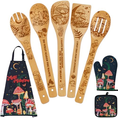 Mushroom Kitchen Decor Bamboo Cooking Spoon with Apron Oven Mitt Pot Holder Utensil Set -Mushroom Kitchen Accessories,Home Decorations Gifts for Women-Housewarming,Easter,Birthday Gift,8PCS by DudjotcHome