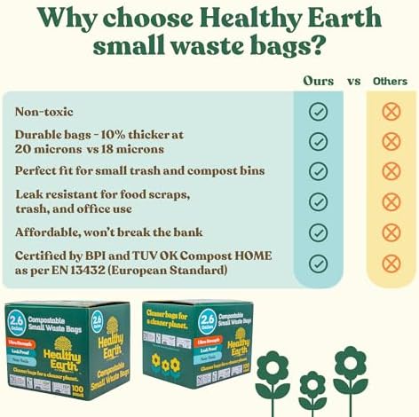 Healthy Earth 2.6 Gallon Compostable Trash Bags – 100 Count Small Trash & Kitchen Compost Bags for Countertop Bins, Extra Thick Plant-Based Food Scrap Liners, BPI & TÜV Certified ASTM D6400 - Image 5