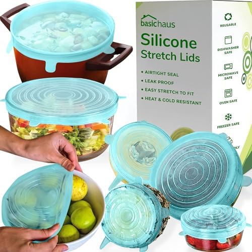 Reusable Silicone Stretch Lids for Food Storage in Fridge - Elastic Heat-Resistant Bowl Covers, Cups, Cans, Jars - Universal Food Grade Lid for Containers - 7 Pack - Light Green Stretchy Lid Set by BasicHaus