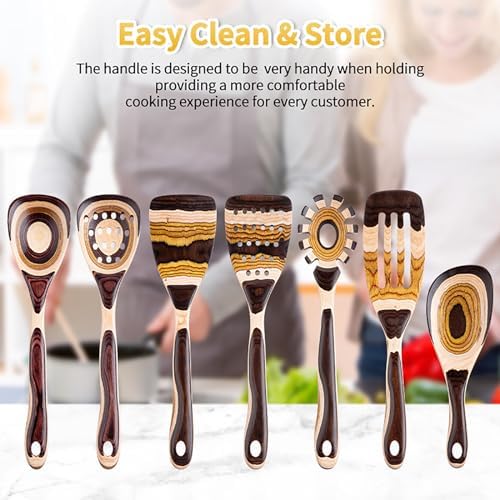 Gudamaye 7-Piece Brown Pakkawood Utensils Set – Sturdy, Eco-Friendly, Wooden Spoons for cooking, Wooden Utensil for cooking, Wooden Kitchen Tool, Home & Kitchen Gifts for Men and Women - Image 4