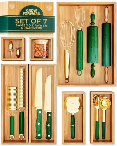 Grow Forward Bamboo Drawer Organizer Boxes - Set of 7 Wooden Drawer Organizers for Kitchen, Bathroom, Office, Desk, Vanity, Makeup - Non-Slip Junk Drawer Organizer Trays for Storage and Organization by GrowForward
