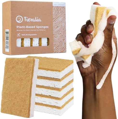 Tieralia Natural Dish Sponge Set – 6-Pack Eco-Friendly & Compostable Scrubbers | Cellulose & Sisal | Non-Toxic, Odor-Free, Reusable Kitchen Sponges for Dishes, Sink, Pots & Pans by Tieralia