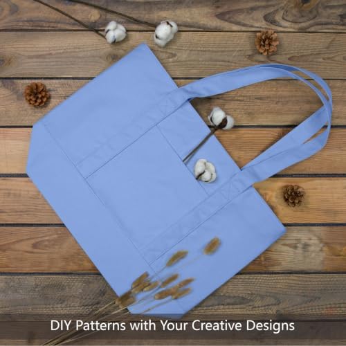 TOPDesign 3-Pack Canvas Tote Bags with an External Pocket, Reusable Grocery Shopping Bags, Top Zipper Closure, Daily Essentials (Light Blue) - Image 4