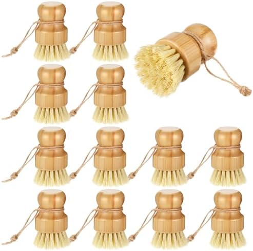 12 Pack Bamboo Dish Scrub Brushes Kitchen Dishwashing Scrubber Vegetable Brush with Hanging Rope Wooden Natural Sisal Bristles Cleaning Brush for Iron Pot Pan Sink by WLLHYF