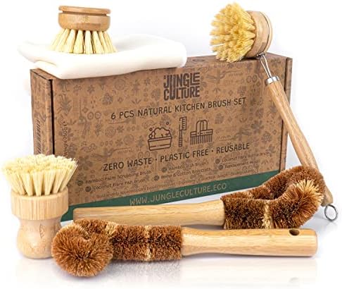 JUNGLE CULTURE Bamboo Dish Brush Set • 6 Piece with Bottle Brush & Scrubber by JungleCulture