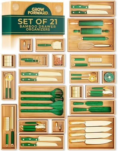 Grow Forward Bamboo Drawer Organizer Boxes - Set of 21 Wooden Drawer Organizers for Kitchen, Bathroom, Office, Desk, Vanity, Makeup - Non-Slip Junk Drawer Organizer Trays for Storage and Organization by GrowForward