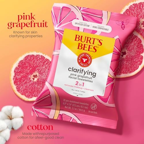 Burt's Bees Pink Grapefruit Face Wipes, for All Skin Types, Hydrating Makeup Remover & Facial Cleansing Towelettes, 30 Ct. (3-Pack) - Image 3