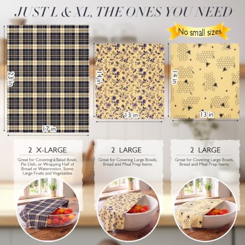 6 Pack 4L & 2XL Reusable Beeswax Wraps for Food, Reusable Beeswax Food Wraps for Bread, Cheese, Fruits, Zero Waste, Plastic-Free Storage, Natural Cotton with Plaid, Floral & Bee Patterns - Image 2