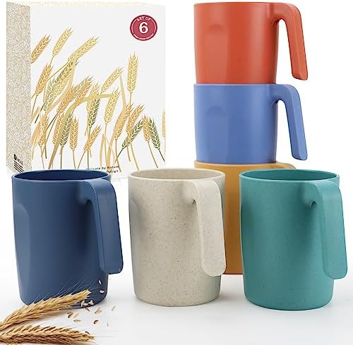 Wrova 16oz Wheat Straw Cups with handles set of 6-Plastic Cups Reusable-Unbreakable Kids Mugs-Dishwasher Safe & Microwave Safe-Ideal Plastic Mugs for Tea,Coffee,Camping,RV-Vibrant Color by WROVA