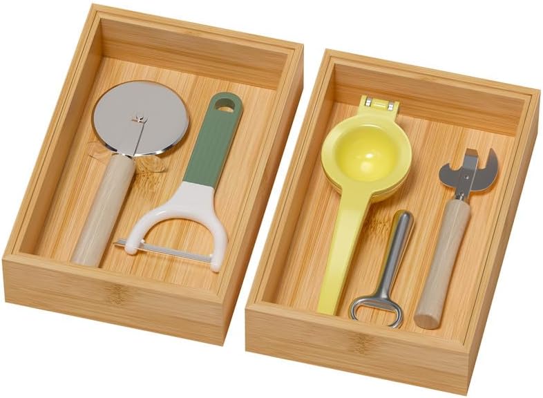 Lixple Bamboo Drawer Organizer, Cutlery Silverware Organizer for Kitchen Drawer, Stackable Utensil Organizer, 2 Pcs Flatware Organizer for Drawer, Wooden Storage Box Tray (Bamboo, 9 X 6 X 2 Inch) by Lixple