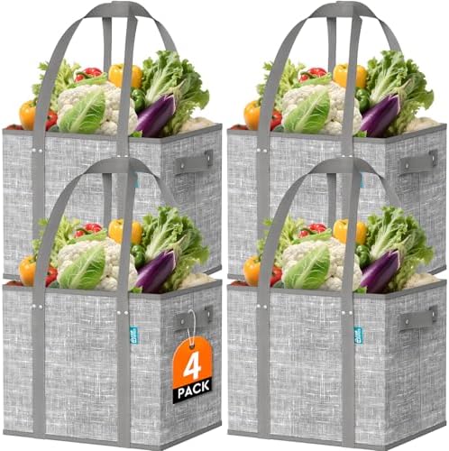 Fab totes Reusable Grocery Bags, Large Foldable Shopping Tote Bags with Reinforced Handles & Hard Bottom,4 Pack, Grey by Fabtotes