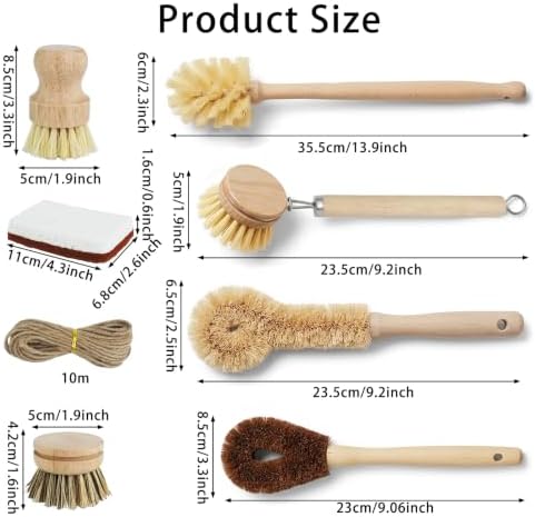 14 Pcs Bamboo Dish Brush Set Sisal Bristles with 98.42 Ft Hemp Rope Natural Scrubbers Brushes Wooden Palm Pot Brush for Bottle, Sink, Pans Kitchen Cleaning - Image 2