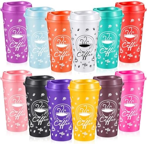 12 Sets Reusable Coffee Cups with Lids, 16oz, Multicolor by Skybooly