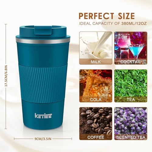 KETIEE Travel Coffee Mug 12oz: Insulated Coffee Cup with Leakproof Lid, Coffee Tumbler, Vacuum Stainless Steel Reusable Coffee Cups, Coffee Mug to Go for Hot/Iced Water (Blue) - Image 3