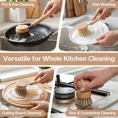 5 Pcs Bamboo Wood Dish Brush Set Includes 1 Wooden Handle with 3 Natural Replaceable Bristle Heads and 1 Handheld Bamboo Wok Brush Scrubber for Dishes Pans Pots Fruit and Veggie Washing(Style A) - Image 7