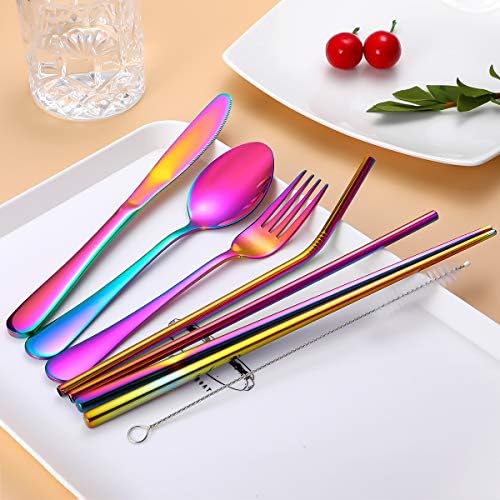 Travel Utensils,Reusable Silverware Set To Go Portable Cutlery Set with a Waterproof Carrying Case for Lunch Boxes Workplace Camping Picnic (Rainbow) - Image 4