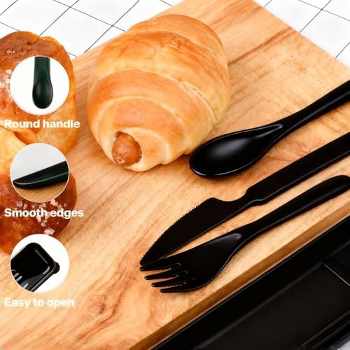 Travel Utensils with Case, 12 Sets Camping Utensil Sets, Wheat Straw Portable Knife Fork Spoons Tableware, Reusable Utensils for Lunch Box (Black) - Image 3
