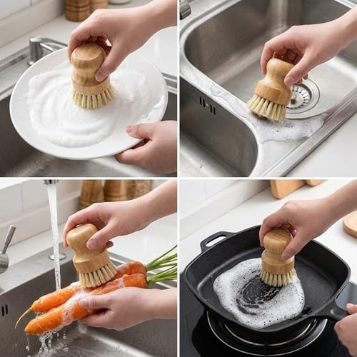 2 Pack Bamboo Dish Scrub Brush with Bamboo Pan Scraper Pot Scraper Non-Scratch Dish Scrapers Kitchen Cleaning Tools for Cast Iron Skillets, Cookware, Dishes, Pans Bowls, Plates and Pots - Image 7