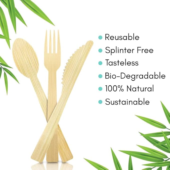 Boobam Econatural Products Bamboo Utensils - Natural Disposable Wooden Cutlery for Party, Eating, Camping, Picnic, Wedding, Compostable Silverware, Individually Wrapped Spoons, Forks, Knives - 50 Sets