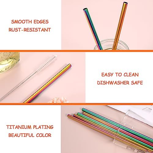 Lazycorner Reusable Stainless Steel Straws Metal Straw with Silicone Tip 5 Pcs 8mm Wide for 20/30/32oz Tumblers Smoothies and Shakes with 2 Cleaning Brushes,1 Portable Bag (Rainbow) - Image 5