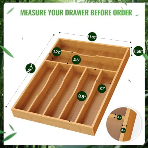Bamboo Silverware Organizer, 12 Inch Bamboo Kitchen Drawer Cutlery Organizer, Utensil Holder, Flatware Organizer Tray (15.8"x11.9"x1.6") - Image 3