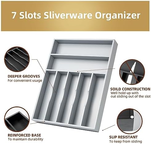 Bamboo Silverware Holder Drawer Utensil Organizer with 7 Slots Gray - Image 4