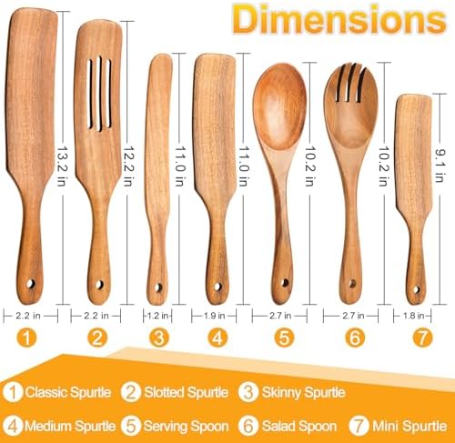 Spurtles Kitchen Tools Wooden, 7Pcs Wooden Spoons for Cooking, Natural Premium Spatula Set, Heat Resistant Cooking Utensil for Nonstick Cookware, Spurtle for Sourdough Starter - Image 2