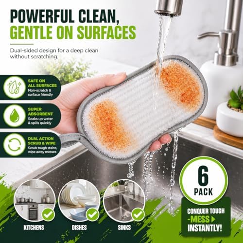 R&C Scrub Max Sponges Kitchen Dish Dual-Sided Sponge for Washing Dishes Cleaning Kitchen, All-Purpose (6 Pack,Large) Non Scratch, Rough Scrubbers Side for Non-Stick Cookware, Soft Microfiber Scrub - Image 4