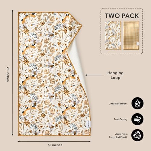 RECYCO Waffle Kitchen Towel Set of 2 - Quick Dry Microfiber Sustainable Dish Towels - Ultra Absorbent Reusable Cleaning Tea Towels - Lightweight Hand Towels,16”x 28”, Joyful Bees - Image 2