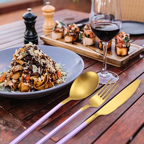 AARainbow 8 Pieces Stainless Steel Flatware Set Portable Reusable Cutlery Set Travel Utensils Set Including Chopsticks Knife Fork Spoon Straws Cleaning Brush Dishwasher Safe (B-Purple Golden) - Image 5