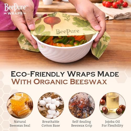 Reusable Beeswax Food Wrap Roll - Cut-to-Size 15 x 80 in, Eco-Friendly Food Storage Wrap, Bees & Veggies Garden Vegetable Design - Image 2