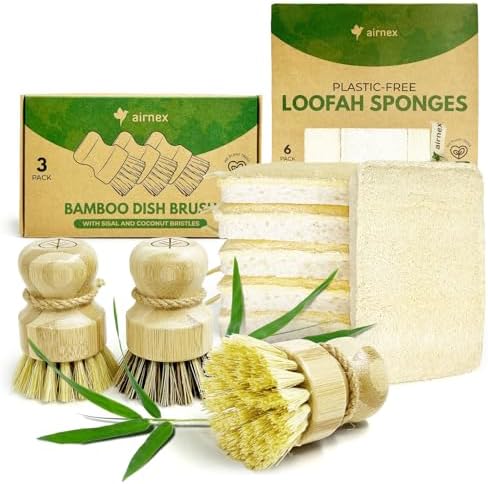 Natural Loofah Sponges for Dishes Pack of 6 and Bamboo Dish Brush Set of 3 - Compostable Loofah and 100% Plant-Based Kitchen Dish Brush Bamboo with Sisal and Coconut Bristles, 2 No Scratch Brush Types by Airnex