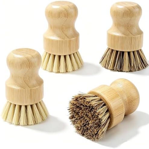 Bamboo Dish Brush Set with Palm and Sisal Bristles, 4 Pcs Natural Bamboo Dish Scrubber Brush for Kitchen Cleaning, Pots, Pans, Vegetables, Fruit by TRASUN