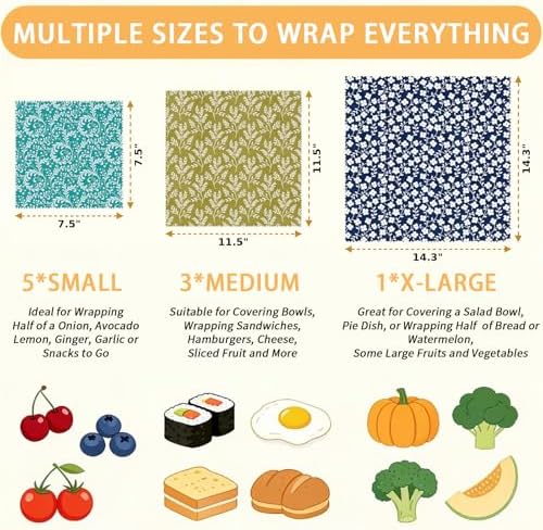 Reusable Beeswax Wraps, Blue Green Floral Wraps, 9 Pack Sandwich, Snack, Bowl, Food Storage, Organic, Sustainable, Zero Waste, Plastic-Free, Eco-Friendly, 1XL, 3M, 5S - Image 2