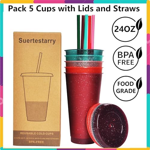 Suertestarry Tumbler with Straw and Lid,Water Bottle Iced Coffee Travel Mug Cup,Reusable Plastic Cups,Perfect for Parties,Birthdays,24oz-5 Pack (Rainbow, 5pack) - Image 4