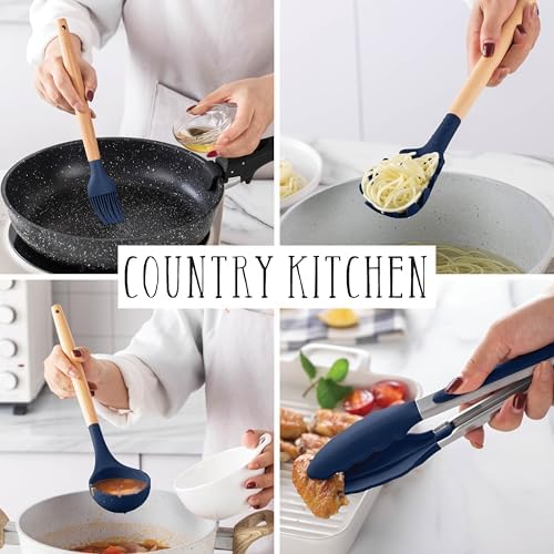 Country Kitchen Non Stick Silicone Utensil Set with Rounded Wood Handles for Cooking and Baking, 14 Piece Set, Navy - Image 6