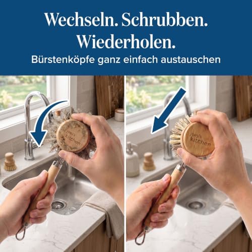 Joejis Hard Bristle Dish Brush Replacement Heads Set of 4 Wooden Eco Washing Up Brush with Sisal Fibre Bristles - Dish Brushes for Washing Up Plates, Stove Tops, Bathtubs, & More - Image 5