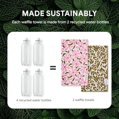 RECYCO Waffle Kitchen Towel Set of 2 - Quick Dry Microfiber Sustainable Dish Towels - Ultra Absorbent Reusable Cleaning Tea Towels - Lightweight Hand Towels,16”x 28”, Petal & Leaf - Image 6