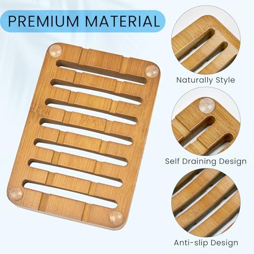 2 Pack FSC Bamboo Soap Holder, Slotted Self-Draining Dish, Acacia Style - Image 3