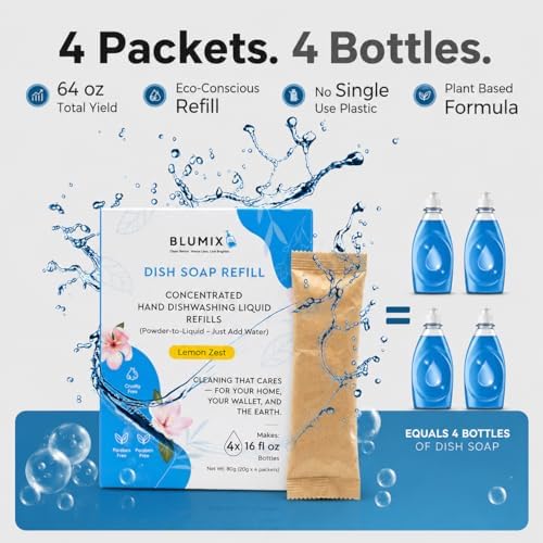 Dish Soap Refill Powder-to-Liquid Concentrate, Just Add Cool Water, Lemon Scent, 4 Packets Make 4 x 16 fl oz Bottles, Grease-Fighting, Plastic-Free (Lemon Scent) - Image 3