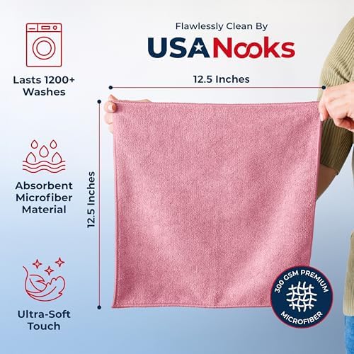 USANOOKS Microfiber Cleaning Cloth Light Pink - 12 Pcs 12.5"x12.5" - High Performance - 1200 Washes, Ultra Absorbent Towels Weave Grime & Liquid for Streak-Free Mirror Shine - Car Washing Cloth - Image 2