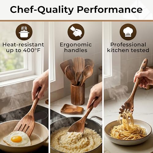 Wooden Utensil Set, 8 Pcs Teak Wooden Spoons for Cooking with Holder - Image 5