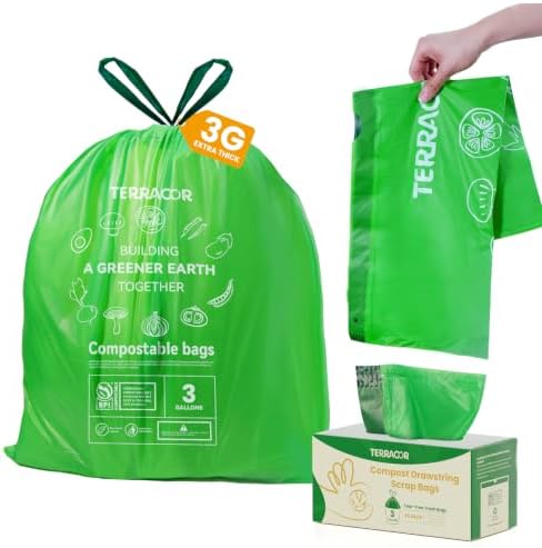 3 Gallon Compostable Trash Bags Drawstring, Heavy Duty Extra Thick 0.9 Mil, 45 Bags, Fits 2.6, 3, 4, 5 Gallon Countertop Bin Kitchen Food Scrap Waste Bag, ASTM D6400 by TerracorPackaging