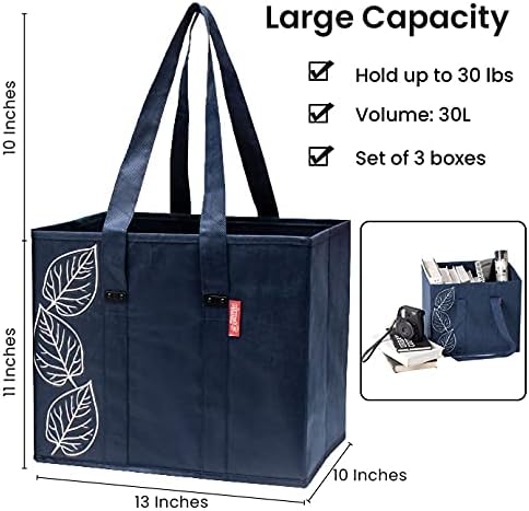 PLANET E Reusable Shopping Bags, Heavy Duty Foldable Grocery Bags with Handles, Large Collapsible Box Totes with Reinforced Hard Bottom, Pack of 3, Navy - Image 2